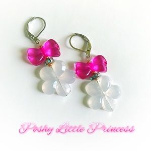 Flower Bow Dangle Earrings ~ Pink/Frost